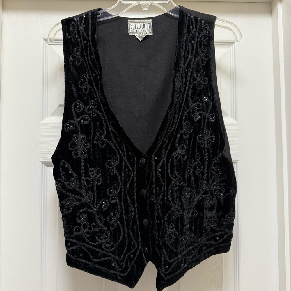 Speed Limit Black Velvet Embroidered Vest